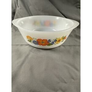 Vintage Glasbake 1 qt. Milk Glass Casserole‎ J510 Orange, Yellow, Blue Flowers